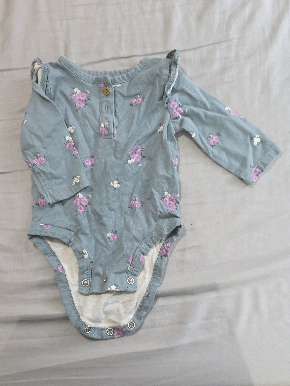 Soft Blue Floral Long-Sleeve Baby One-Piece